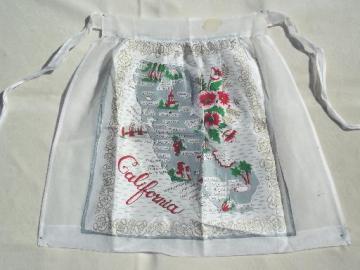 catalog photo of vintage California map cotton print kitchen apron, 50s 60s retro!