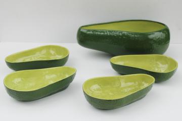 catalog photo of vintage California pottery ceramic avocado shape bowls for guacamole or salad set