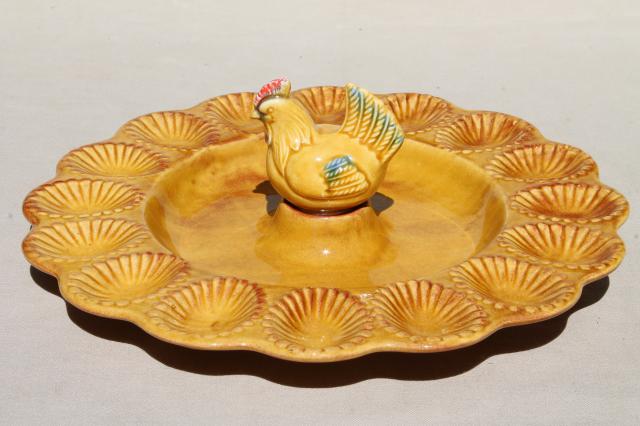 photo of vintage California pottery ceramic tray for deviled eggs, egg plate w/ little brown hen #1