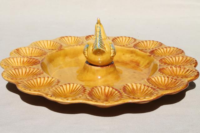 photo of vintage California pottery ceramic tray for deviled eggs, egg plate w/ little brown hen #4