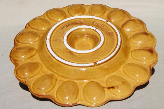 photo of vintage California pottery ceramic tray for deviled eggs, egg plate w/ little brown hen #7