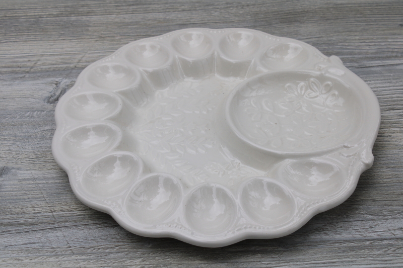 photo of vintage California pottery egg plate, serving tray for deviled eggs, all white glazed ceramic #1