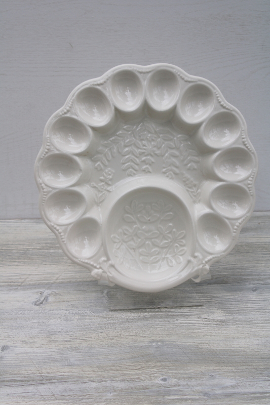 photo of vintage California pottery egg plate, serving tray for deviled eggs, all white glazed ceramic #2
