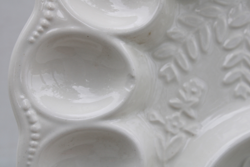 photo of vintage California pottery egg plate, serving tray for deviled eggs, all white glazed ceramic #3
