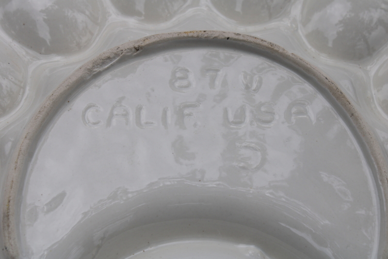 photo of vintage California pottery egg plate, serving tray for deviled eggs, all white glazed ceramic #5