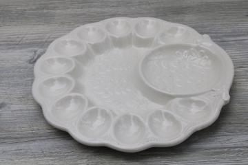 catalog photo of vintage California pottery egg plate, serving tray for deviled eggs, all white glazed ceramic