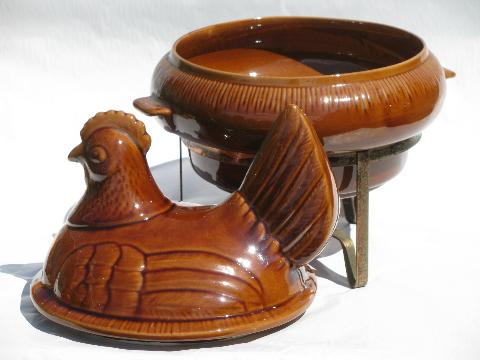 photo of vintage California pottery hen on nest casserole w/copper warming stand #2