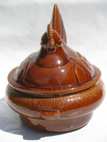 photo of vintage California pottery hen on nest casserole w/copper warming stand #4