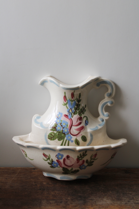 photo of vintage California pottery wall pocket vase, wash pitcher & bowl w/ hand painted flowers cottagecore  #1