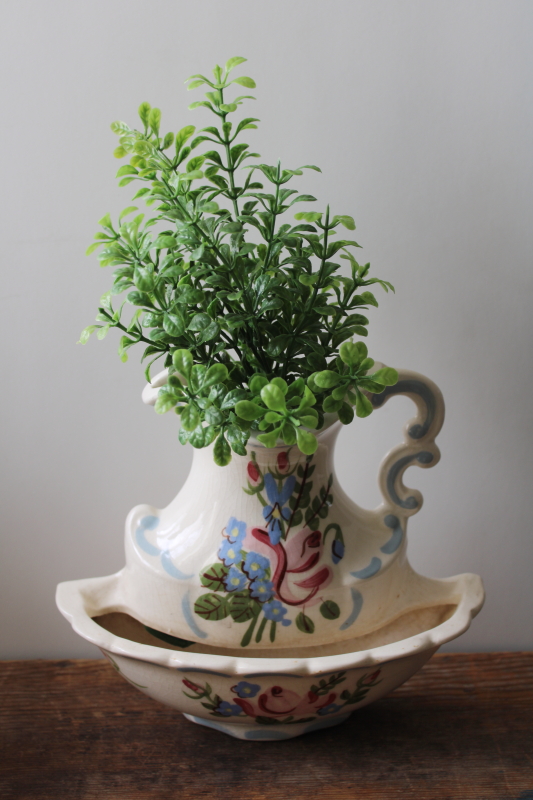 photo of vintage California pottery wall pocket vase, wash pitcher & bowl w/ hand painted flowers cottagecore  #2