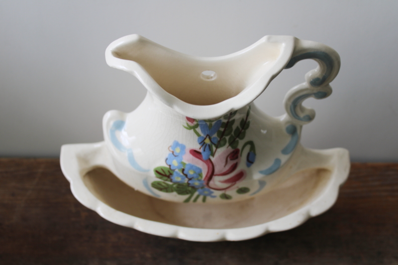 photo of vintage California pottery wall pocket vase, wash pitcher & bowl w/ hand painted flowers cottagecore  #3