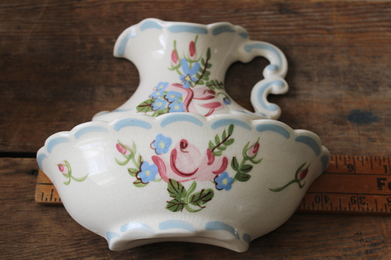photo of vintage California pottery wall pocket vase, wash pitcher & bowl w/ hand painted flowers cottagecore  #8