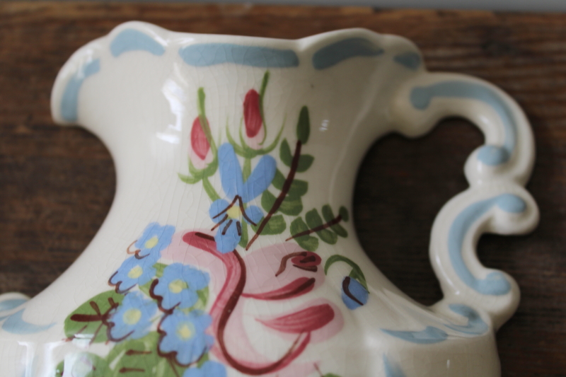 photo of vintage California pottery wall pocket vase, wash pitcher & bowl w/ hand painted flowers cottagecore  #9