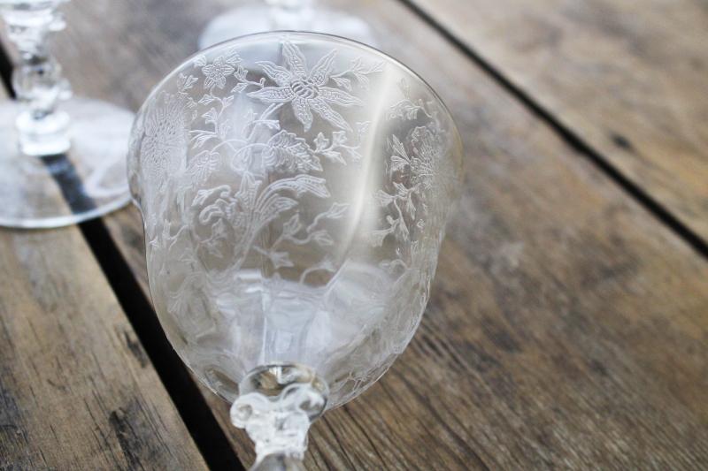 photo of vintage Cambridge Wildflower etched crystal wine / cocktail glasses, elegant glass stemware #2