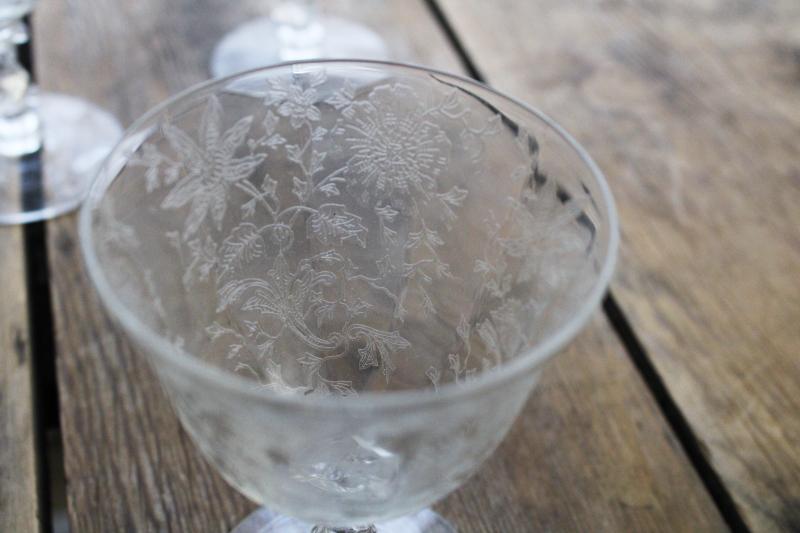 photo of vintage Cambridge Wildflower etched crystal wine / cocktail glasses, elegant glass stemware #4