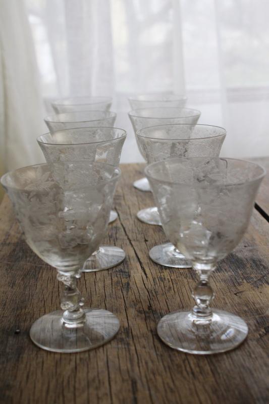 photo of vintage Cambridge Wildflower etched crystal wine / cocktail glasses, elegant glass stemware #5