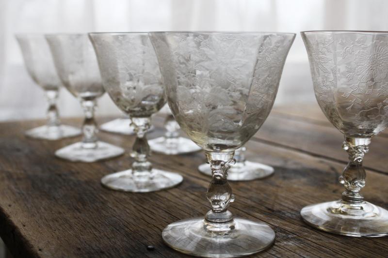 photo of vintage Cambridge Wildflower etched crystal wine / cocktail glasses, elegant glass stemware #6