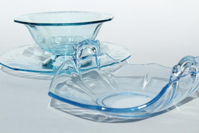 photo of vintage Cambridge decagon mayo dish & basket bowl, light blue colored glass #1