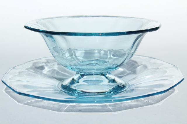 photo of vintage Cambridge decagon mayo dish & basket bowl, light blue colored glass #4