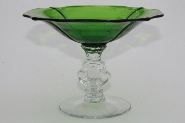 photo of vintage Cambridge gadroon compote dish, clear keyhole stem w/ forest green bowl #1