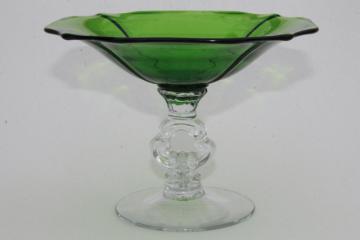 catalog photo of vintage Cambridge gadroon compote dish, clear keyhole stem w/ forest green bowl