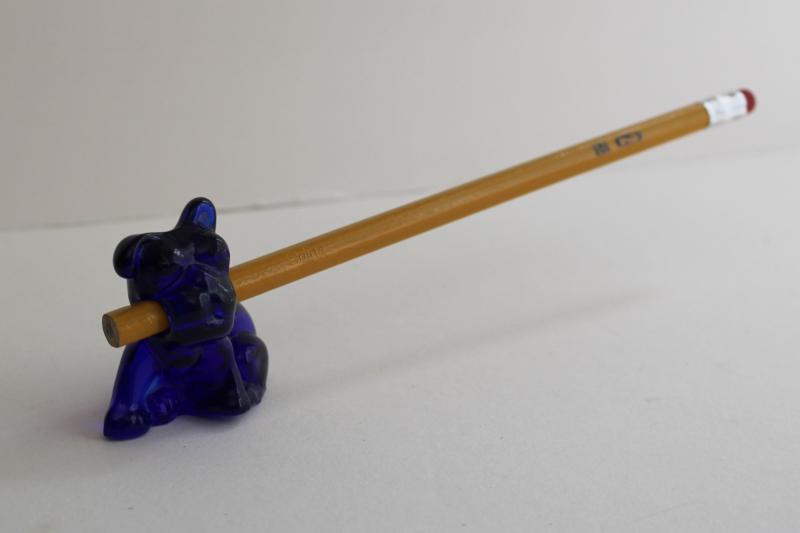 photo of vintage Cambridge glass dog pencil holder, mini bulldog figurine cobalt blue glass #1