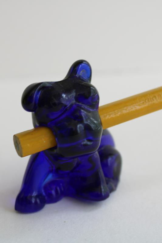 photo of vintage Cambridge glass dog pencil holder, mini bulldog figurine cobalt blue glass #2