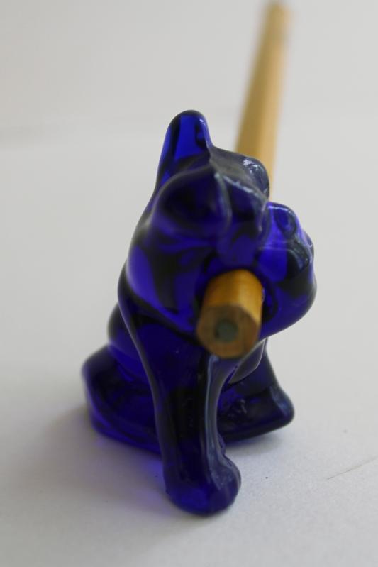 photo of vintage Cambridge glass dog pencil holder, mini bulldog figurine cobalt blue glass #3