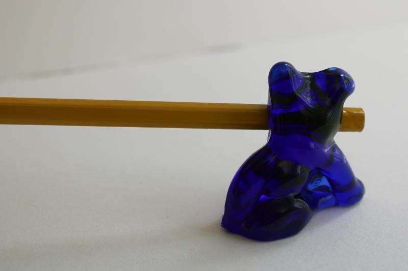 photo of vintage Cambridge glass dog pencil holder, mini bulldog figurine cobalt blue glass #4