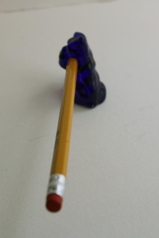 photo of vintage Cambridge glass dog pencil holder, mini bulldog figurine cobalt blue glass #5