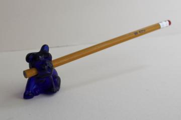 catalog photo of vintage Cambridge glass dog pencil holder, mini bulldog figurine cobalt blue glass
