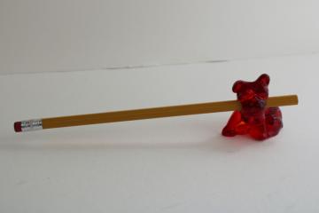 catalog photo of vintage Cambridge glass dog pencil holder, mini bulldog figurine ruby red glass