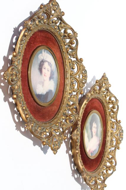 photo of vintage Cameo Creation lady portraits, ornate gold framed bubble glass prints set on velvet #1