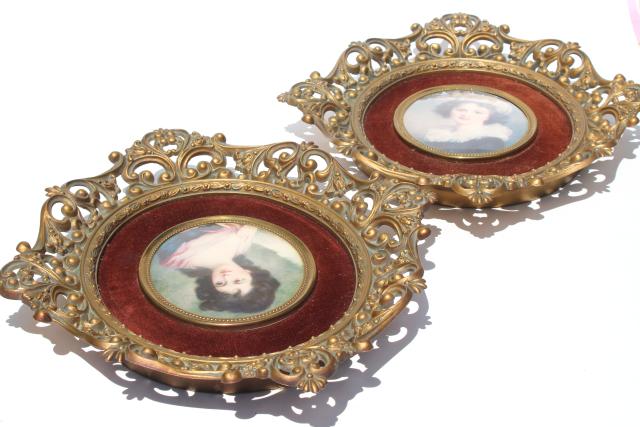 photo of vintage Cameo Creation lady portraits, ornate gold framed bubble glass prints set on velvet #6