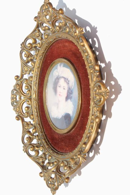 photo of vintage Cameo Creation lady portraits, ornate gold framed bubble glass prints set on velvet #9