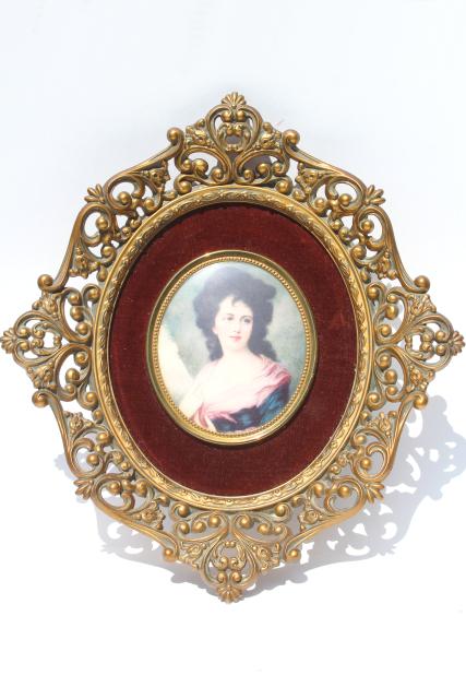 photo of vintage Cameo Creation lady portraits, ornate gold framed bubble glass prints set on velvet #12