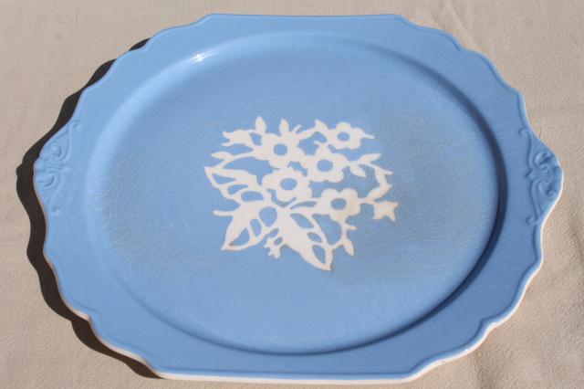 photo of vintage Cameoware Harker china blue & white torte or sandwich tray, cake plate & server #10