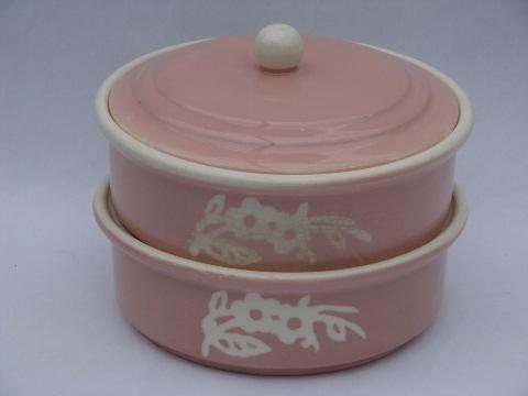 photo of vintage Cameoware, Harker pottery pink cameo stacking dish w/ cover #1