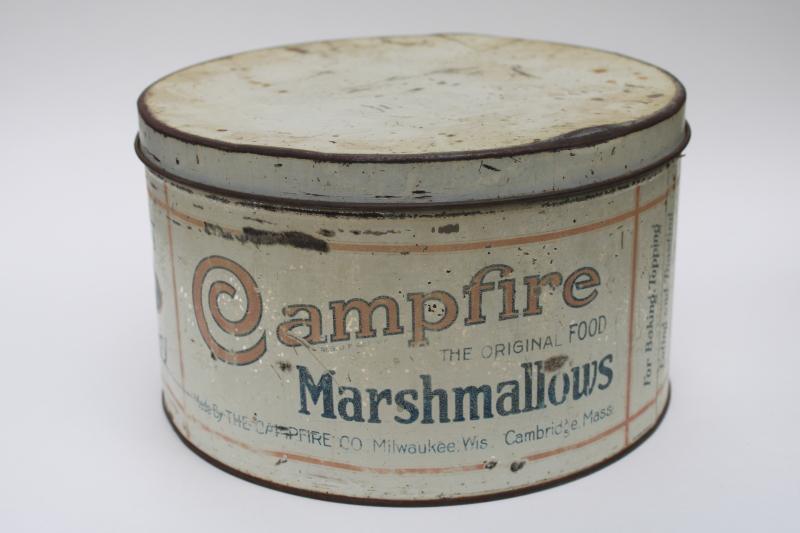 photo of vintage Campfire marshmallows tin, big old metal canister w/ red & blue advertising graphics #1