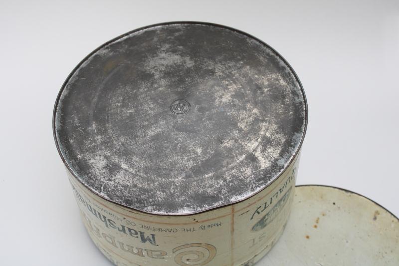 photo of vintage Campfire marshmallows tin, big old metal canister w/ red & blue advertising graphics #4