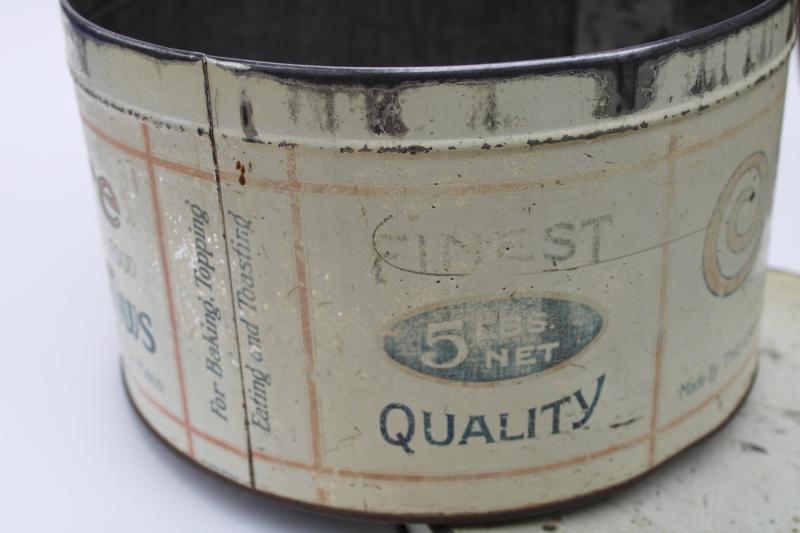 photo of vintage Campfire marshmallows tin, big old metal canister w/ red & blue advertising graphics #5