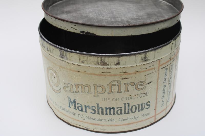 photo of vintage Campfire marshmallows tin, big old metal canister w/ red & blue advertising graphics #6