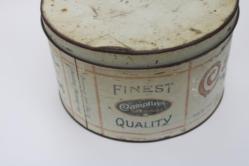 photo of vintage Campfire marshmallows tin, big old metal canister w/ red & blue advertising graphics #7