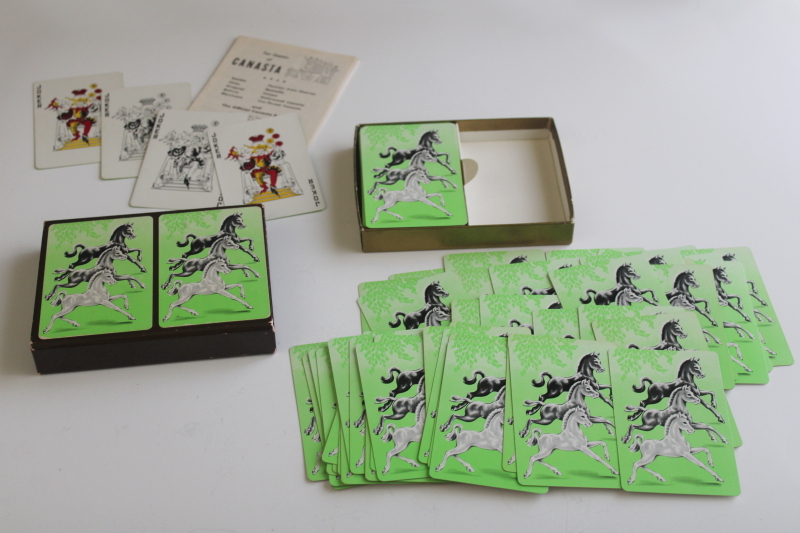 photo of vintage Canasta set complete decks playing cards, ponies print mid century modern green  #1
