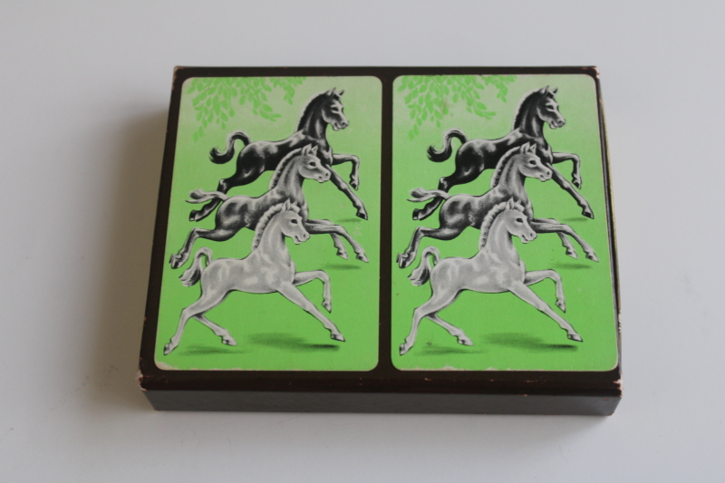 photo of vintage Canasta set complete decks playing cards, ponies print mid century modern green  #5