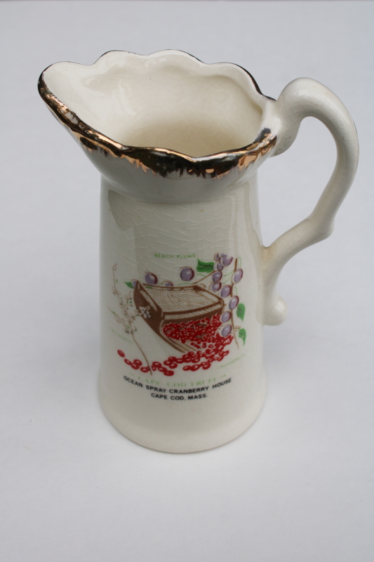 photo of vintage Cape Cod souvenir vase pitcher, Ocean Spray Cranberry House cranberries & harvesting rake print  #1
