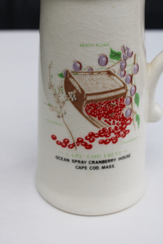 photo of vintage Cape Cod souvenir vase pitcher, Ocean Spray Cranberry House cranberries & harvesting rake print  #2