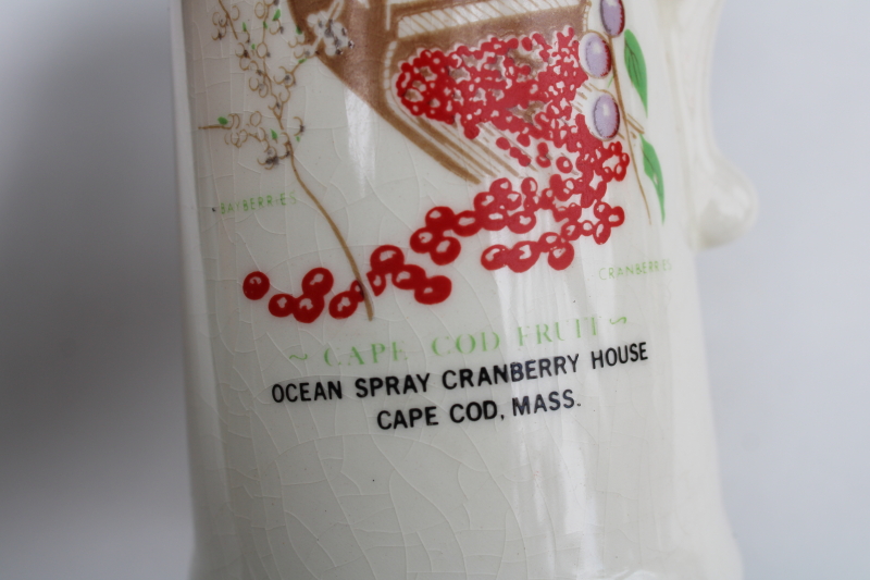 photo of vintage Cape Cod souvenir vase pitcher, Ocean Spray Cranberry House cranberries & harvesting rake print  #3