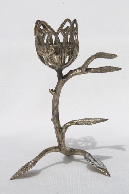 photo of vintage Capodimonte - Italy metal filigree flower, display stand for china or decorated egg #3
