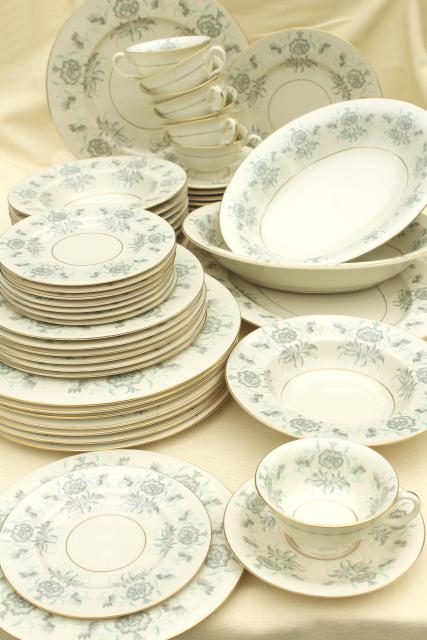 photo of vintage Caprice Castleton china dinnerware for 8, ivory w/ grey, mint green floral #1